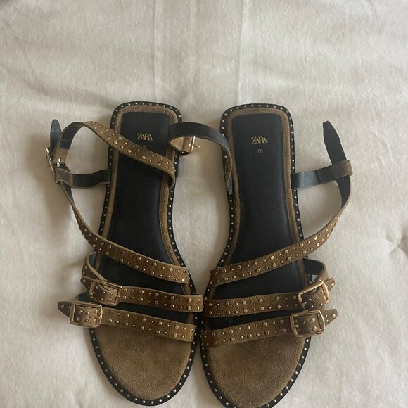 Zara Brown Suede Studded Sandals-size 8.5 - Picture 1 of 2